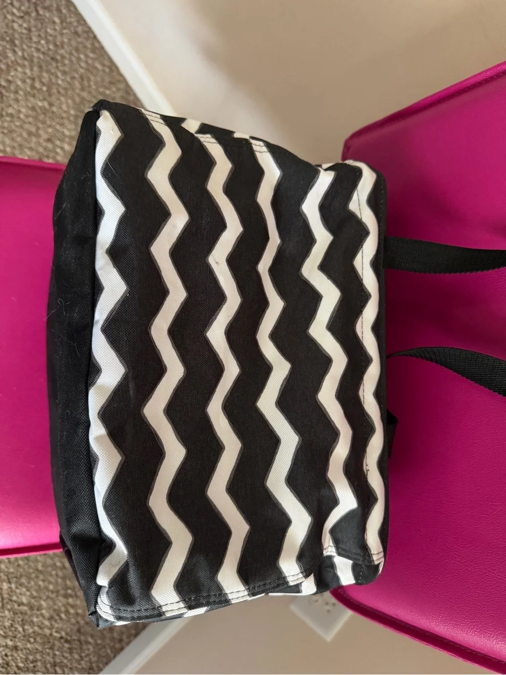 Thirty-One Square Utility Tote in black and white chevron